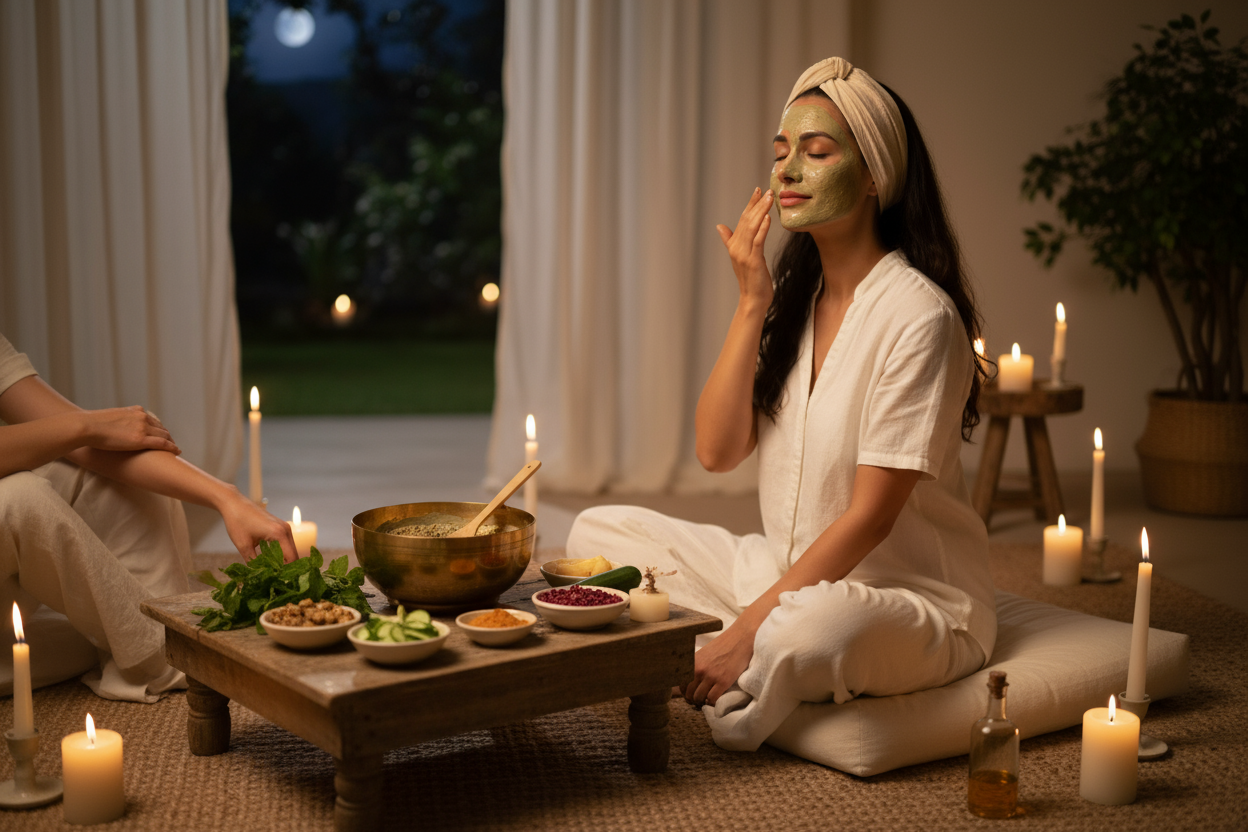 Woman peacefully applying facepack
Ingredients being mixed in brass bowl
Serene spa-like setting with candles
Hands performing self-massage (abhyanga)