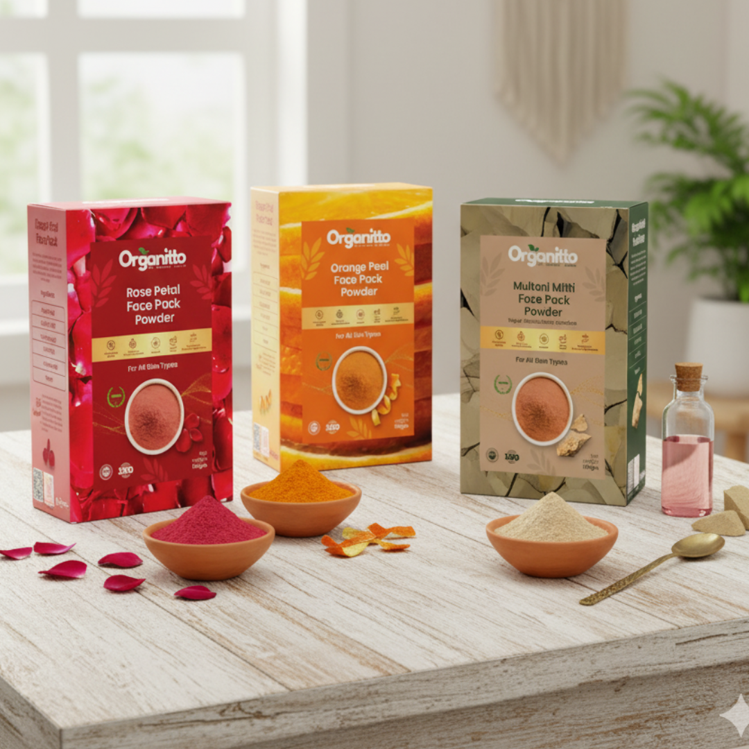 "Complete Glow Ritual Kit featuring Multani Mitti, Orange Peel, and Rose Petal face packs for deep cleansing, brightening, hydration, and radiant skin. Natural, vegan, cruelty-free skincare set for weekly face pack routine addressing oily skin, dark spots, dryness, and uneven tone."

