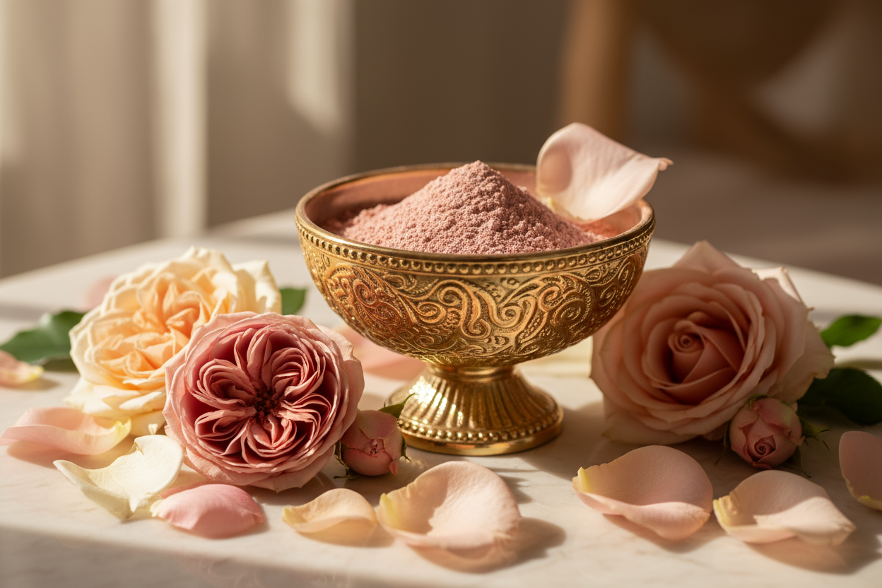 Rose Petals Face Powder in bowl with the rose petals and rose images nearby we need a golden natural vibe